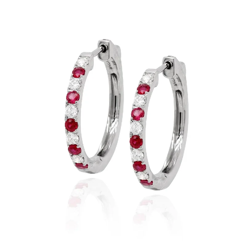 White Gold Earrings-WHITE GOLD HOOP EARRINGS WITH ROUND CUT RUBIES AND DIAMONDS, .35 CT TW