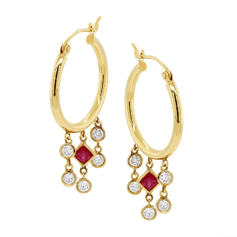 Matching Earrings for Necklaces-YELLOW GOLD HOOP EARRINGS WITH SQUARE RUBIES AND ROUND DIAMONDS, .57 CT TW