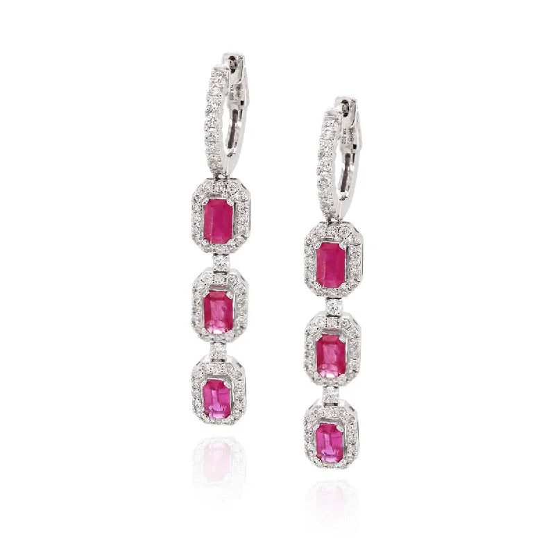 Simple Silver Hoop Earrings-WHITE GOLD DANGLE EARRINGS WITH RUBIES AND DIAMONDS, .88 CT TW