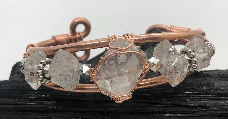 Luxury Silver Bangles with Gemstones-Herkimer Diamond with Herkimer Side Stones Handmade Copper Wirewrapped Bangle Bracelet