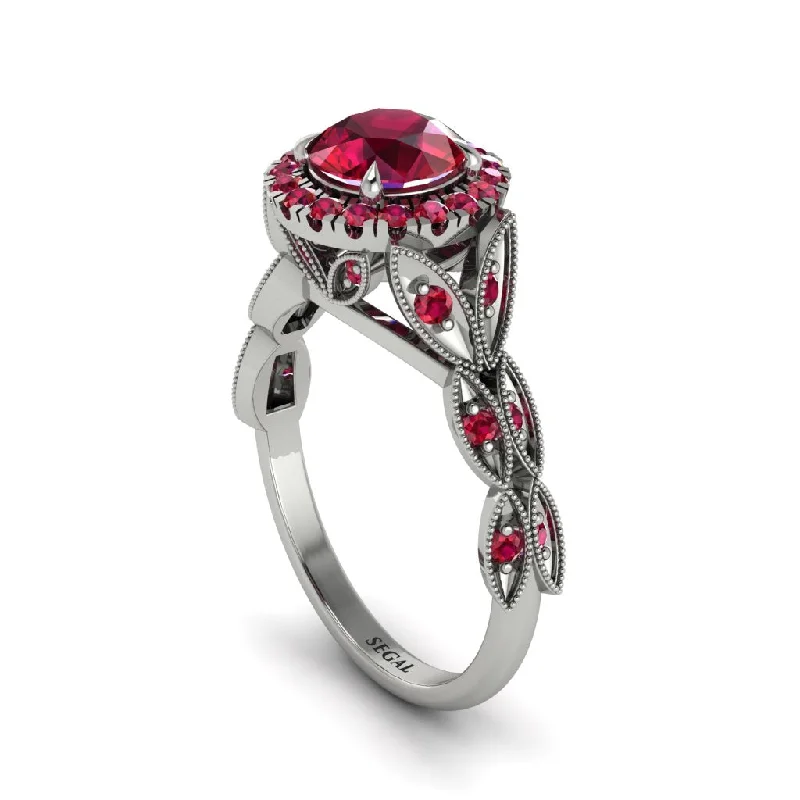 Classic Solitaire Diamond Ring for Engagement-Ruby Halo Nature Inspired Leaf Engagement Ring - Alessandra No. 57