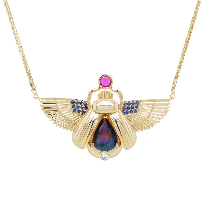 Simple Rose Gold Necklace for Women-Scarab Necklace - Peacock Opal + Pink Sapphire