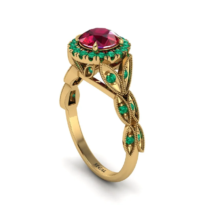 Custom Name Ring with Birthstone-Ruby Halo Nature Inspired Leaf Engagement Ring - Alessandra No. 25