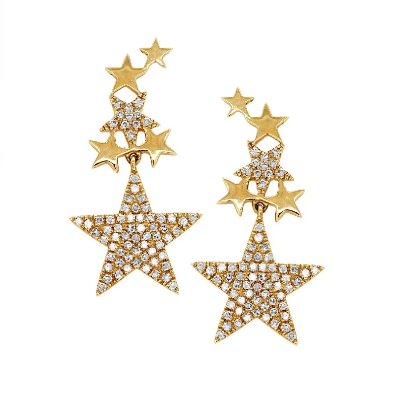 Artisanal Earrings-YELLOW GOLD STAR DANGLE EARRINGS WITH DIAMONDS, .35 CT TW