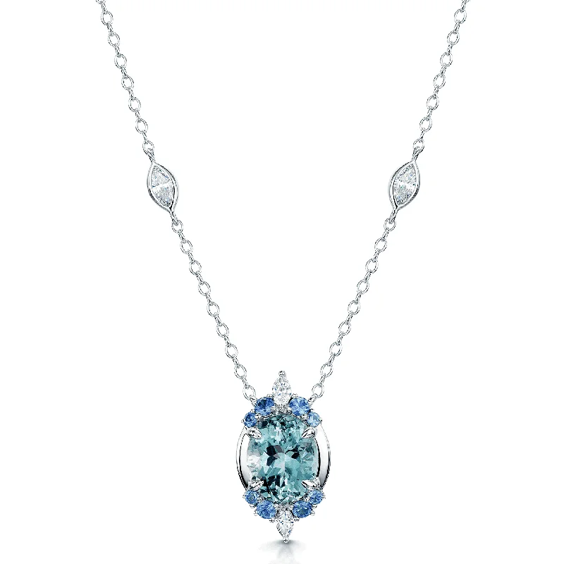 Elegant Necklace with Colored Stones-18ct White Gold Oval Cut Aquamarine, Marquise Cut Diamond & Round Cut Sapphire Pendant