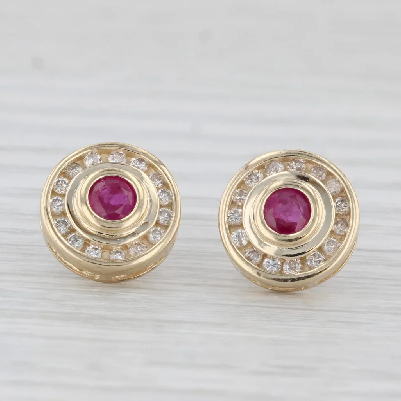 Bridal Earrings for Weddings-0.90ctw Ruby Diamond Halo Stud Earrings 14k Yellow Gold