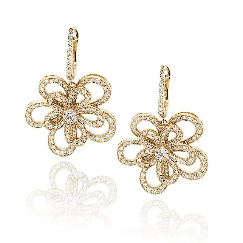 Customizable Earrings for Gifts-YELLOW GOLD FLORAL STYLE EARRINGS WITH DIAMONDS, 1.87 CT TW