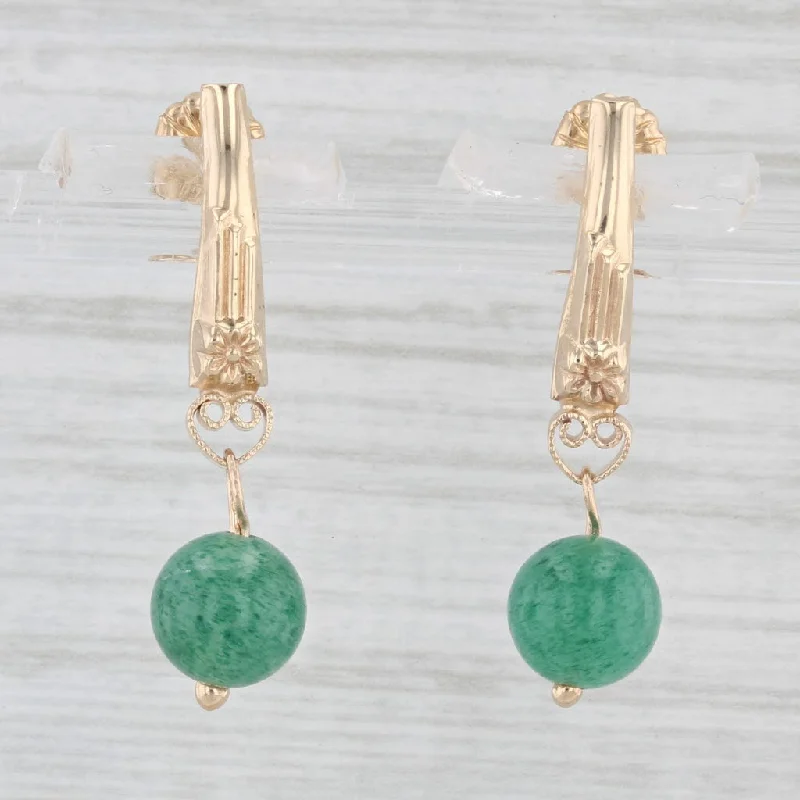 Handmade Hoop Earrings-Green Aventurine Bead Drop Earrings 14k Yellow Gold