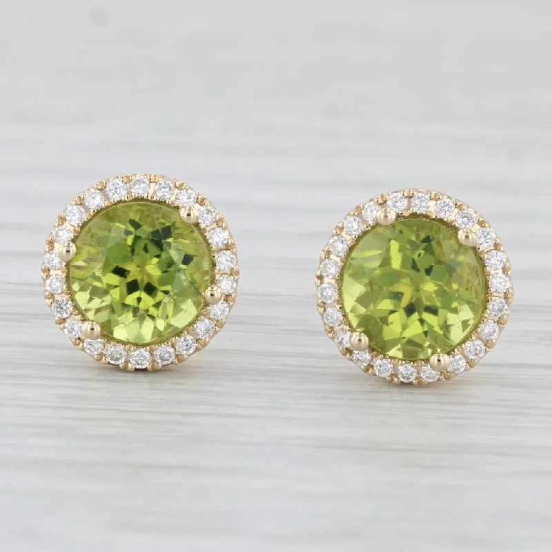 Double Hoop Earrings-New 3.10ctw Round Peridot Diamond Halo Stud earrings 14k Yellow Gold