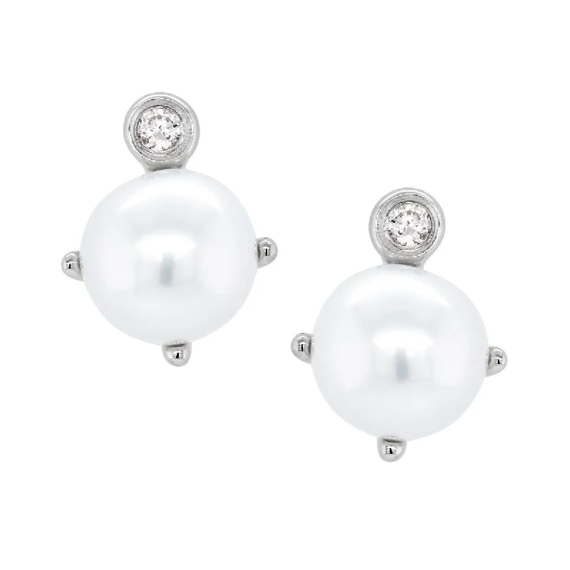 Large Dangle Earrings-STERLING SILVER STUDS WITH PEARLS AND LAB GROWN DIAMOND ACCENTS, .02 CT TW