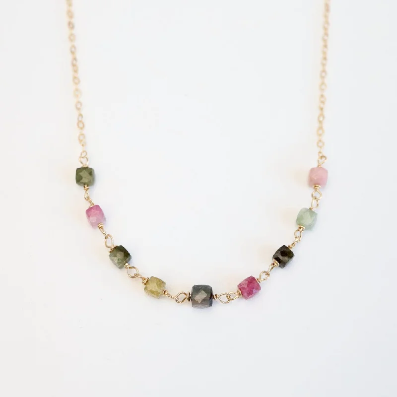 Designer Pendant Necklace with Pearls-Watermelon Tourmaline Handmade Bead Chain Necklace