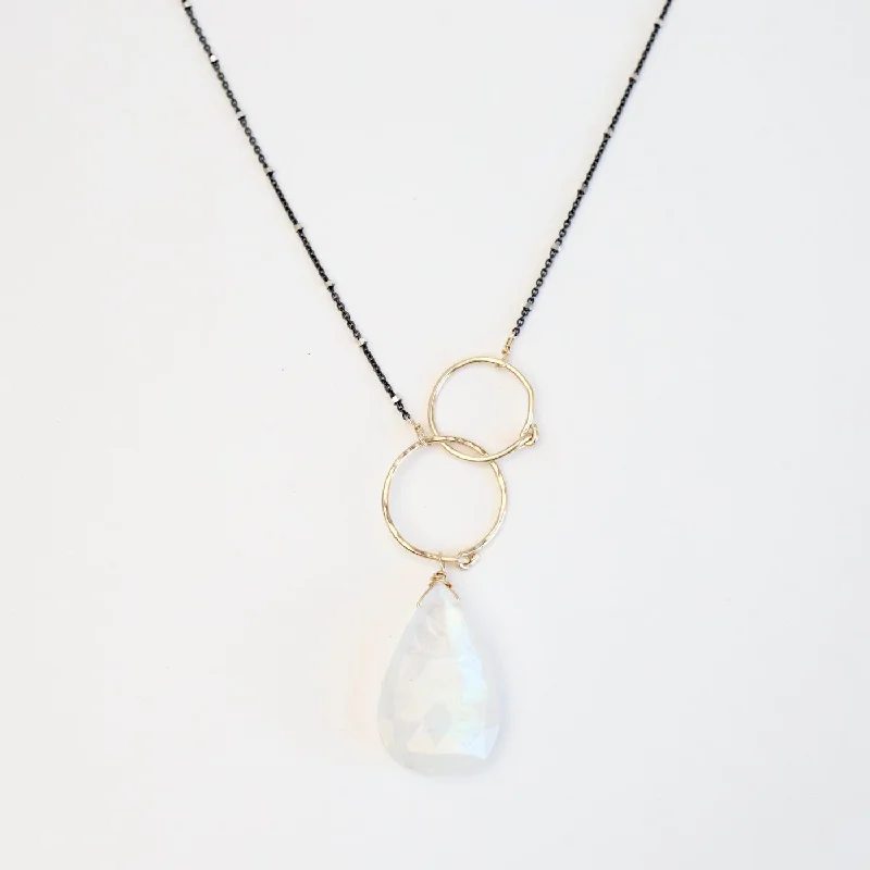 Silver Necklace with Aquamarine Stones-Double Gold Filled Rings with Large Rainbow Moonstone Necklace