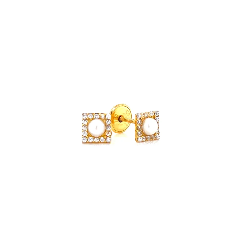 Large Statement Earrings-18K Yellow Gold Pearl & Cz Square Halo Earrings