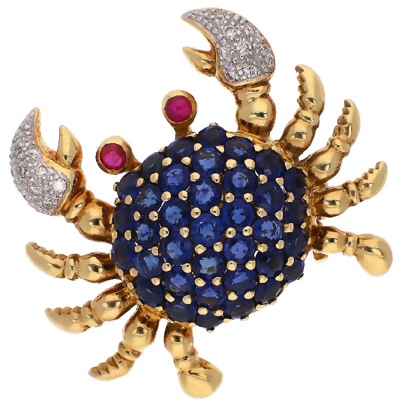 Elegant Brooch with Heart-Shaped Crystal Design-18K Yellow Gold Sapphire, Diamond, and Ruby Crab Pin/Brooch