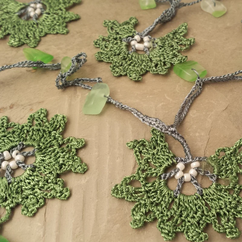 Handcrafted Silver Necklace with Pendant-Green Crocheted Lariat Necklace