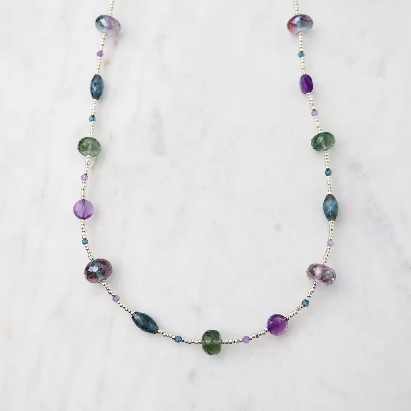 Gemstone Pendant Necklace for Casual Look-Silver Glass Kyanite, Amethyst & Quartz Necklace