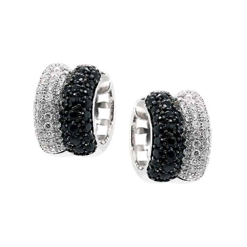 Neon Earrings for Parties-WHITE GOLD HOOP EARRINGS WITH DIAMONDS AND BLACK ONYX