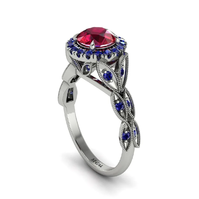 Custom Silver Ring with Custom Design-Ruby Halo Nature Inspired Leaf Engagement Ring - Alessandra No. 72