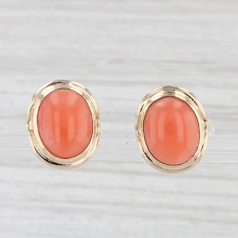 Rose Gold Earrings for Women-Oval Coral Cabochon Stud Earrings 14k Yellow Gold