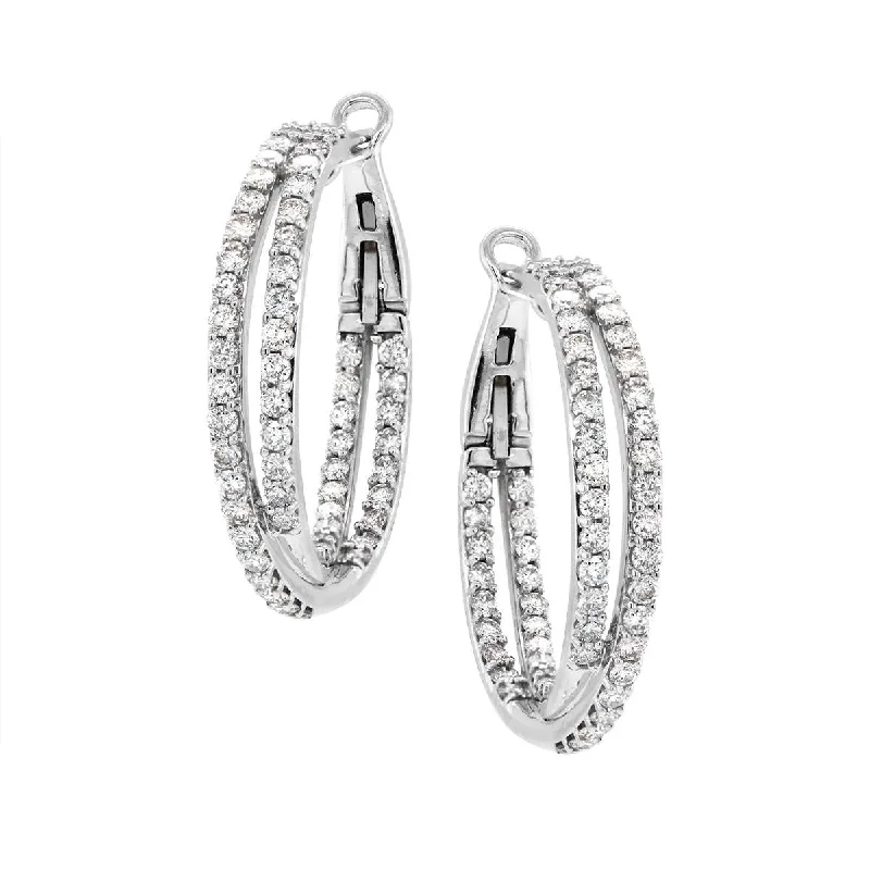 Adjustable Earrings for Comfort-WHITE GOLD DOUBLE HOOP EARRINGS WITH 116 DIAMONDS, 3.00 CT TW