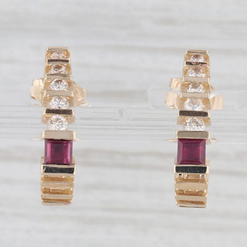 Unique Geometric Earrings-0.64ctw Ruby Diamond J-Hook Drop Earrings 14k Yellow Gold