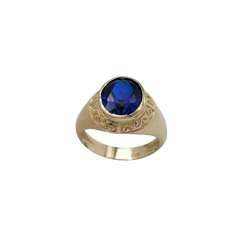 Boho Gold Ring with Feather and Gemstone-Oval Bezel Blue Stone Men's Ring (14K)