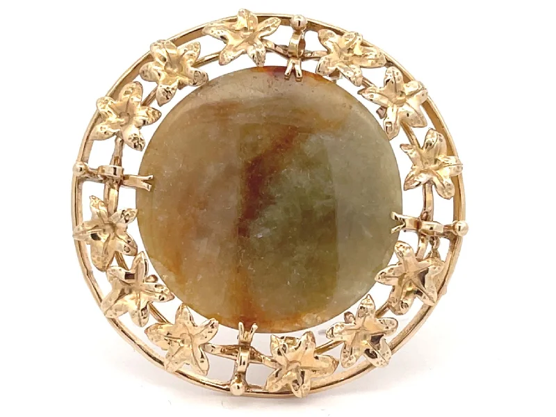 Simple Brooch with Geometric Design and Gemstones-Mings Brown and Green Round Jade Brooch/Pendant in 14k Yellow Gold