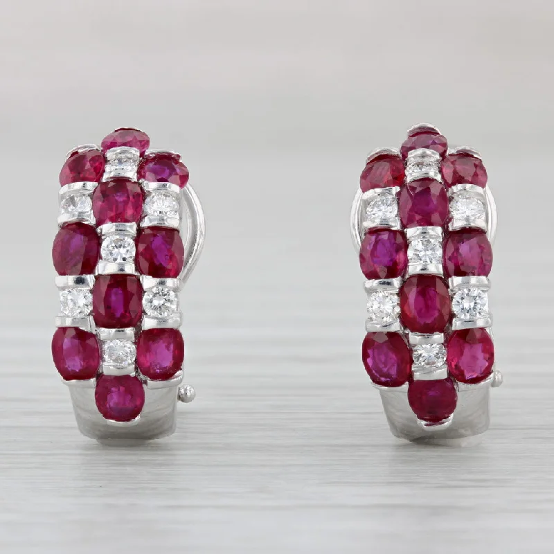 Natural Stone Earrings-5.50ctw Ruby Diamond Half Hoop Earrings 18k White Gold Pierced Omega Backs