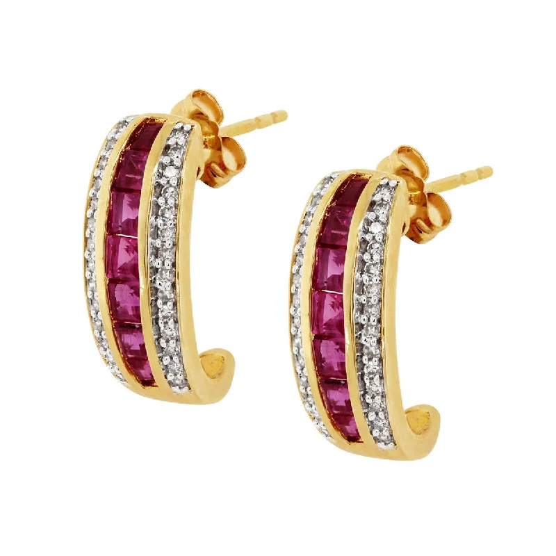 Gold Leaf Earrings-YELLOW GOLD HALF HOOP EARRINGS WITH RUBIES AND DIAMONDS, 1/4 CT TW