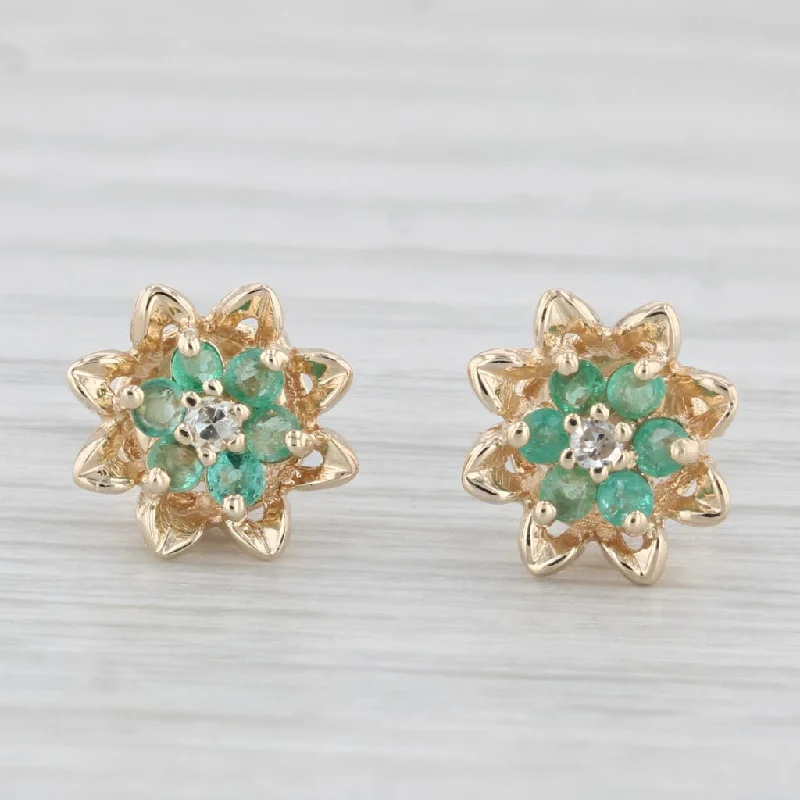 Mixed Metal Earrings-0.25ctw Green Emerald Diamond Flower Stud Earrings 14k Yellow Gold