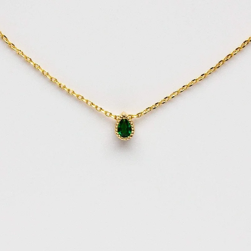 Custom Gold Necklace with Engraving-Emerald Tiny Teardrop Necklace