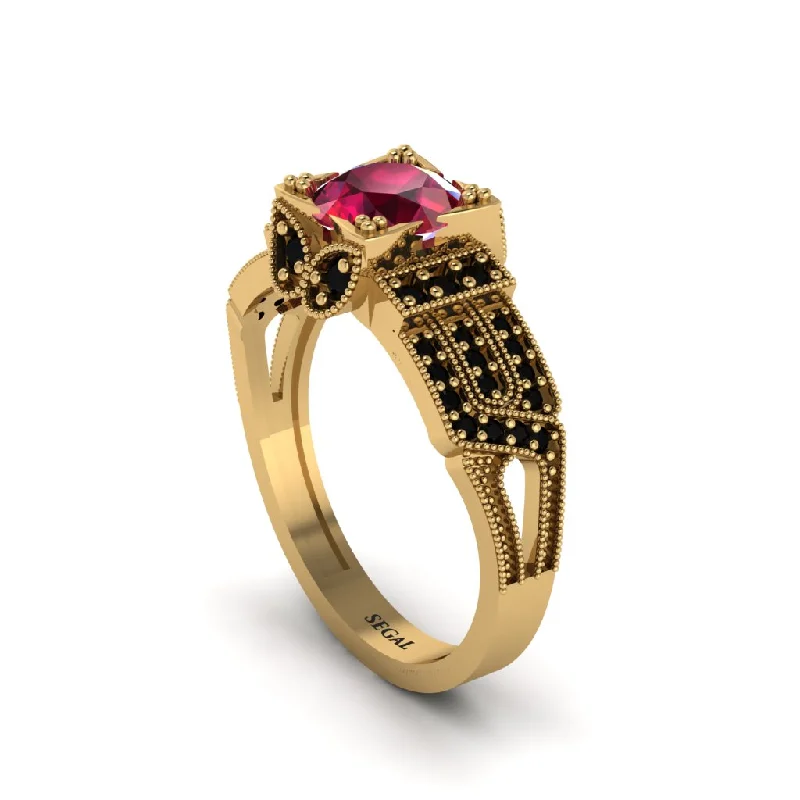 Luxury Gold Ring with Ruby Accent-Ruby Milgrain Gold Engagement Ring - Lyric No. 40