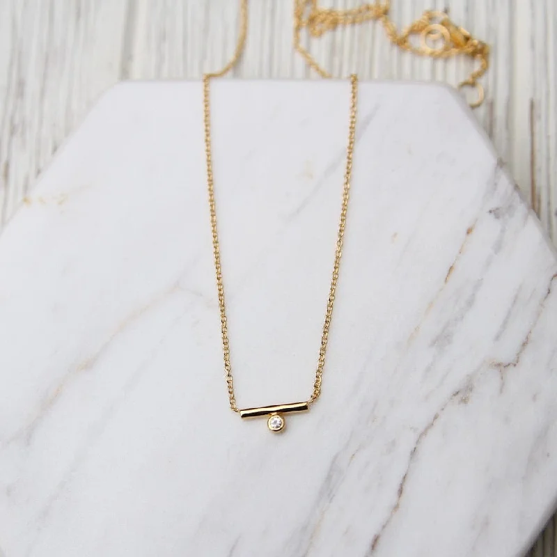 Classic Gold Necklace with Gemstones-Tiny Bar With Side CZ Necklace