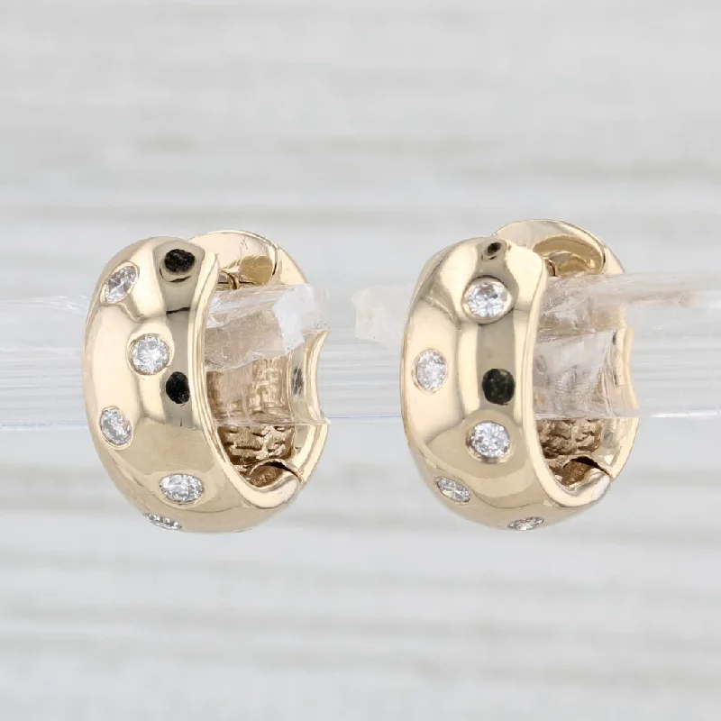 Faux Pearl Earrings-Diamond Dots Hoop Huggie Earrings 14k Yellow Gold Hinged Snap Top