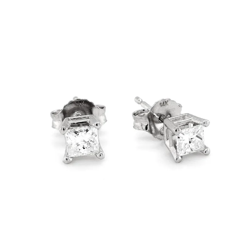 Hoop Earrings for Women-WHITE GOLD PRINCESS CUT DIAMOND STUD EARRINGS, 1/2 CT TW