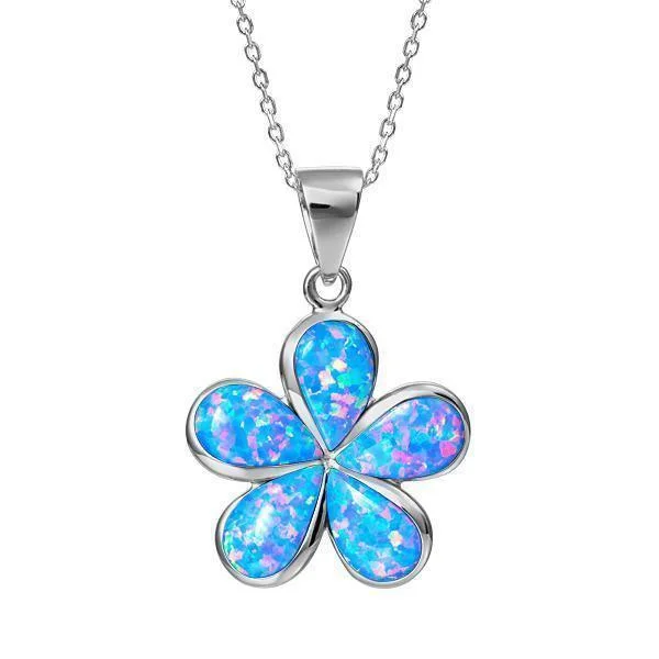 Classic Pearl Necklace for Brides-Sterling Silver Opal Plumeria Pendant