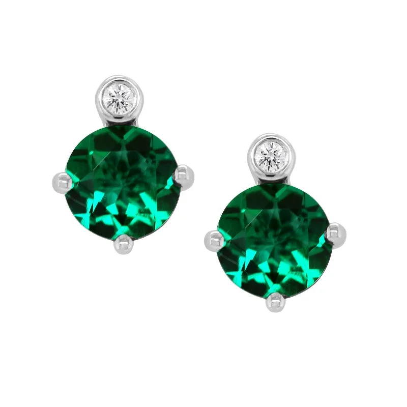 Geometric Stud Earrings-STERLING SILVER STUDS WITH LAB GROWN EMERALDS AND DIAMOND ACCENTS, .02 CT TW