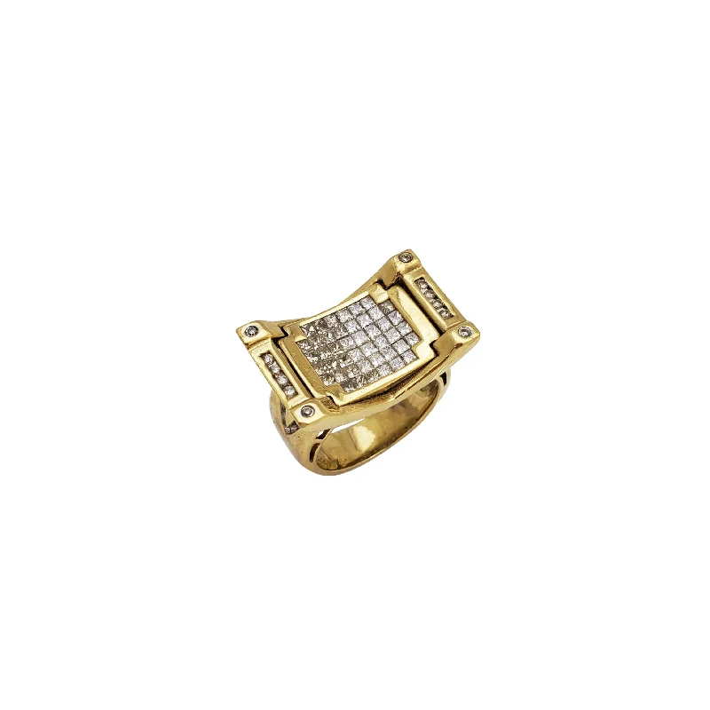 Designer Gold Ring with Unique Shape-Princess Cut Invisible Setting Diamond Men's Ring (14K)