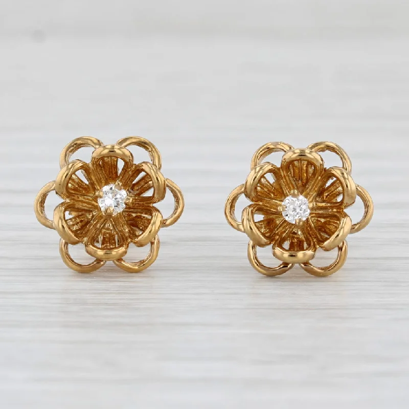 Golden Chandelier Earrings-Diamond Flower Stud Earrings 14k Yellow Gold Floral Studs