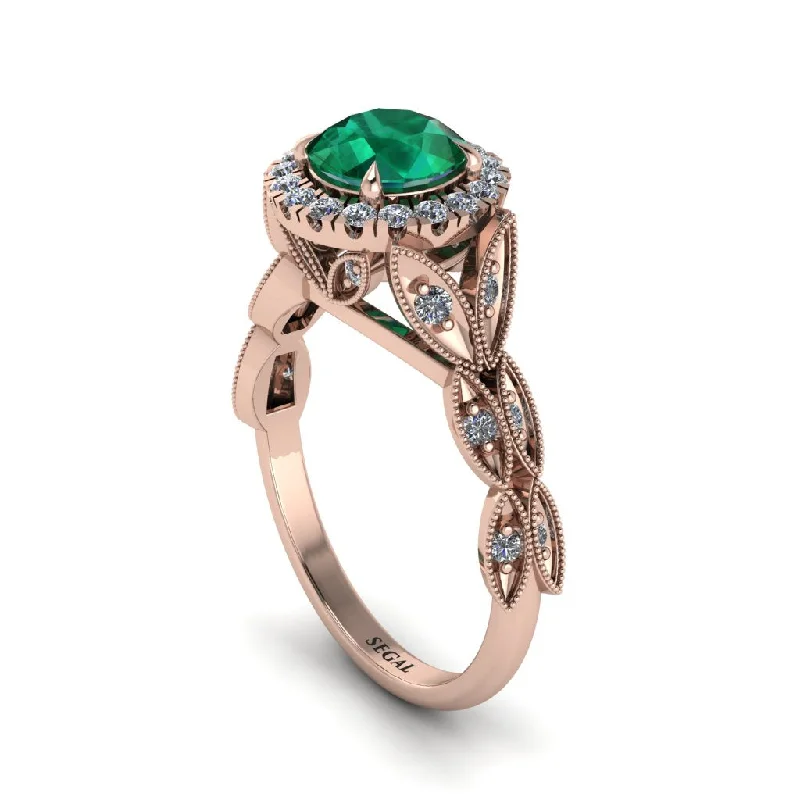 Classic Engagement Ring with Emerald-Emerald Halo Nature Inspired Leaf Engagement Ring - Alessandra No. 5