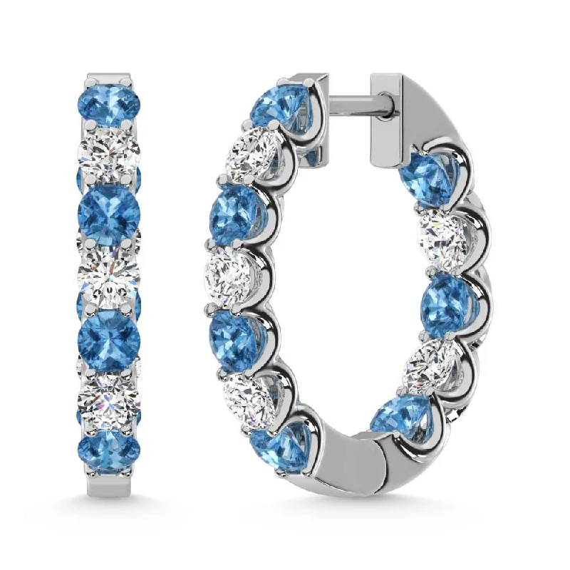 Contemporary Earrings for Women-14K White Gold  2 Ct.Tw. Alternate White and Blue Lab Grown Diamond Hoop Earrings