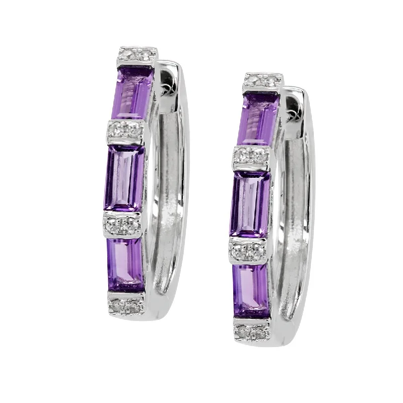 Gold Bar Earrings-WHITE GOLD HOOP EARRINGS WITH BAGUETTE AMETHYSTS AND ROUND DIAMONDS, .05 CT TW