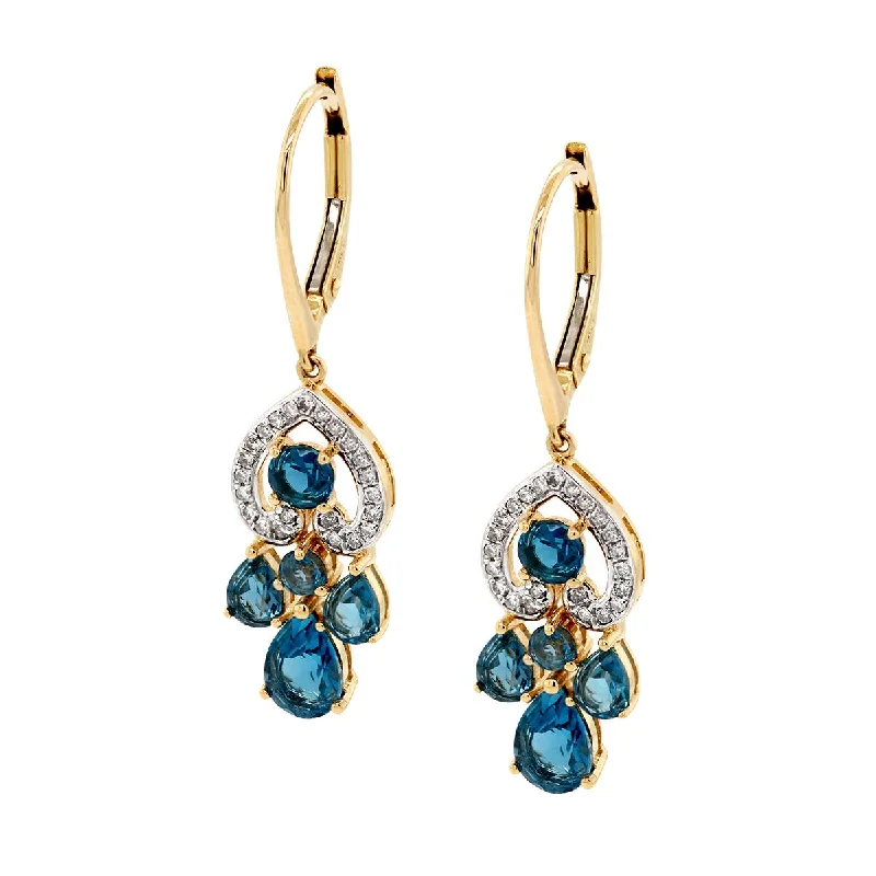 Tropical Earrings for Summer-YELLOW GOLD DANGLE EARRINGS WITH BLUE TOPAZ AND DIAMONDS, .13 CT TW