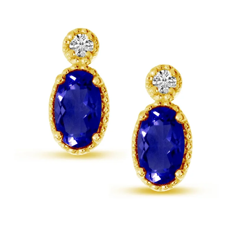 Red Ruby Earrings-YELLOW GOLD STUD EARRINGS WITH OVAL SAPPHIRES AND ROUND DIAMONDS. 03 CT TW