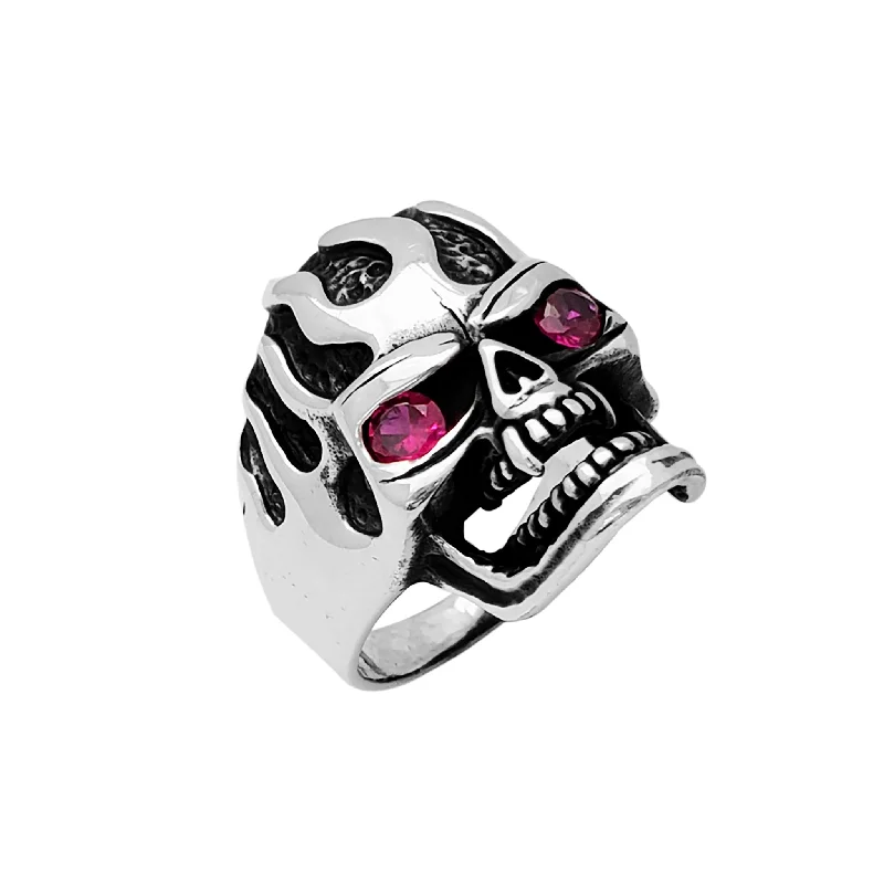 Custom Gold Ring for Anniversary-Antique Finish Flaming Skull Ring (Silver)