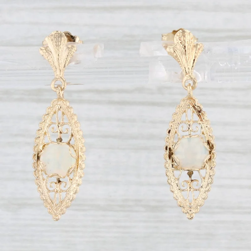 Chic Drop Earrings-Opal Filigree Dangle Earrings 14k Yellow Gold Pierced Drops