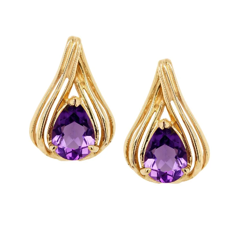 Modern Diamond Earrings-YELLOW GOLD PEAR SHAPED AMETHYST EARRINGS