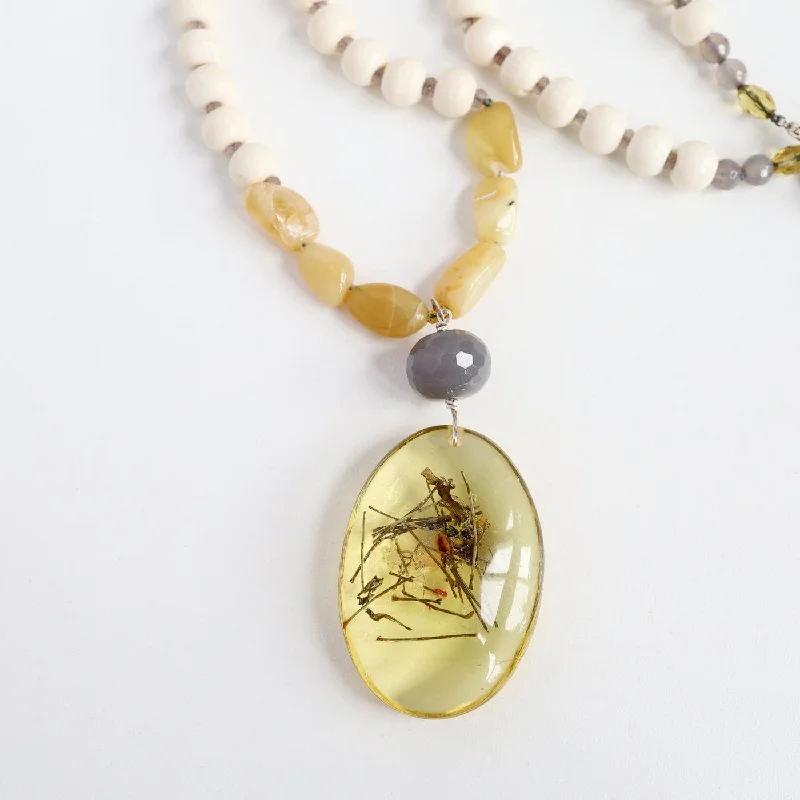 Elegant Sapphire Pendant Necklace-Bone & Yellow Jade Necklace with Amber Pendant Necklace