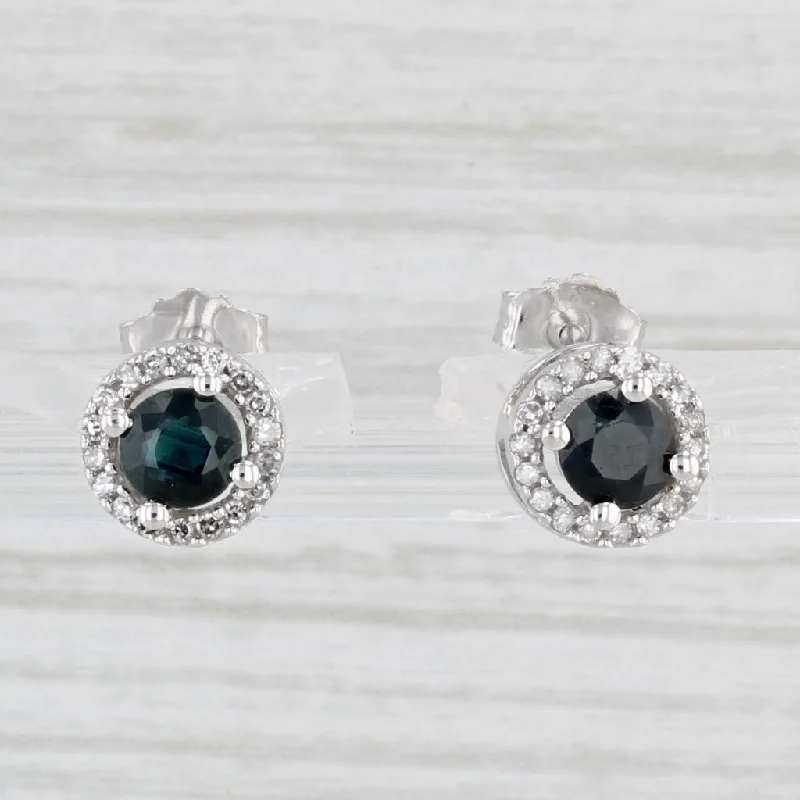 Large Drop Earrings-0.80ctw Round Blue Sapphire Diamond Halo Stud Earrings 10k White Gold