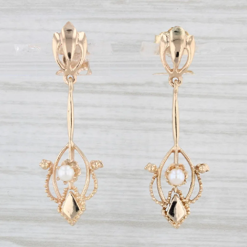 Funky Earrings for Teens-Vintage Cultured Pearl Dangle Earrings 14k Yellow Gold Pierced Drops